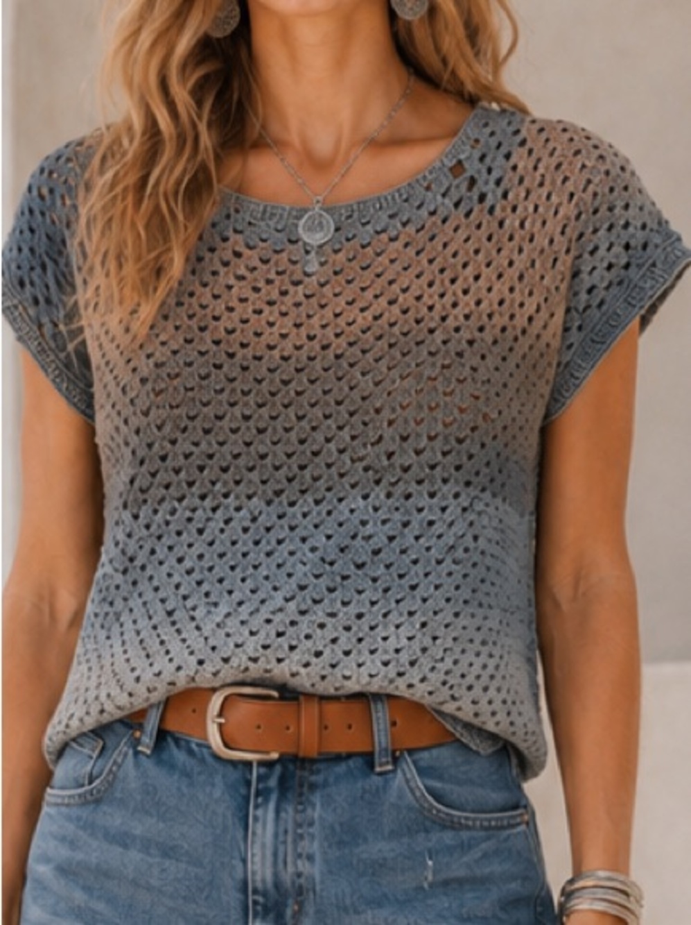 Handmade Crocheted Open Weave Granny Stitch Ombré Sweater Top, Size S/M